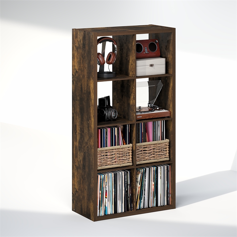Furinno CUBICLE Vintage Vinyl Record Media Storage Organizer 8-Cube Amber Pine