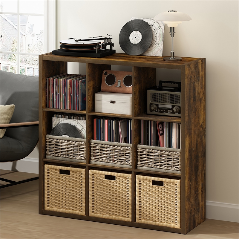 Furinno CUBICLE Vintage Vinyl Record Media Storage Organizer 9-Cube Amber Pine