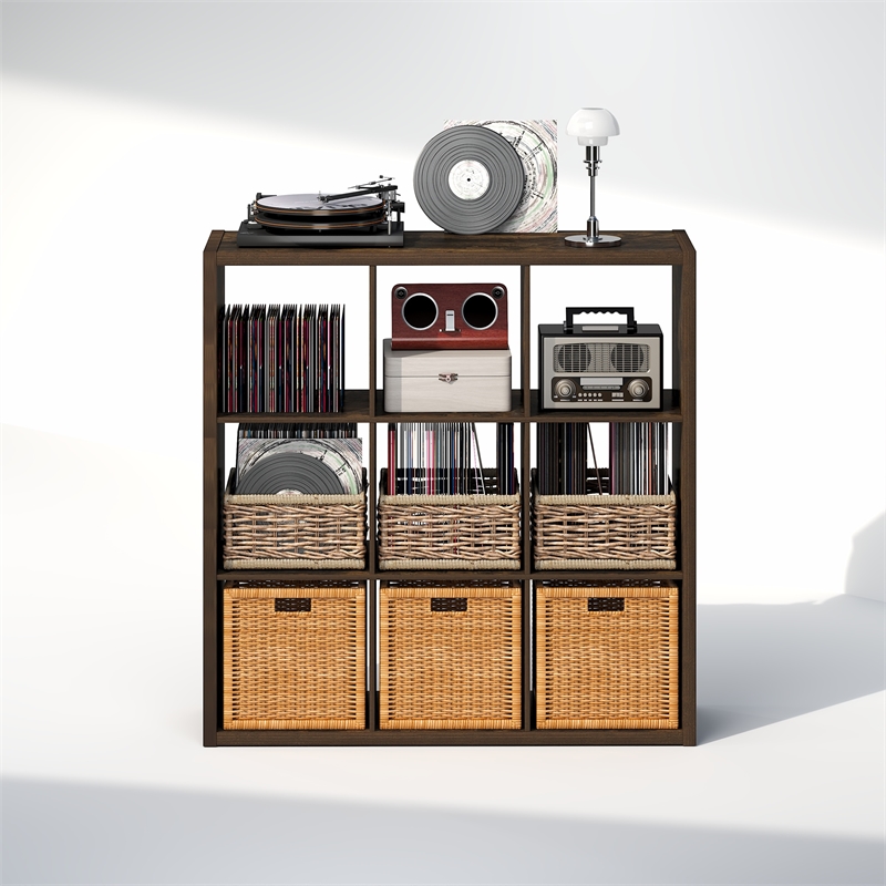 Furinno CUBICLE Vintage Vinyl Record Media Storage Organizer 9-Cube Amber Pine