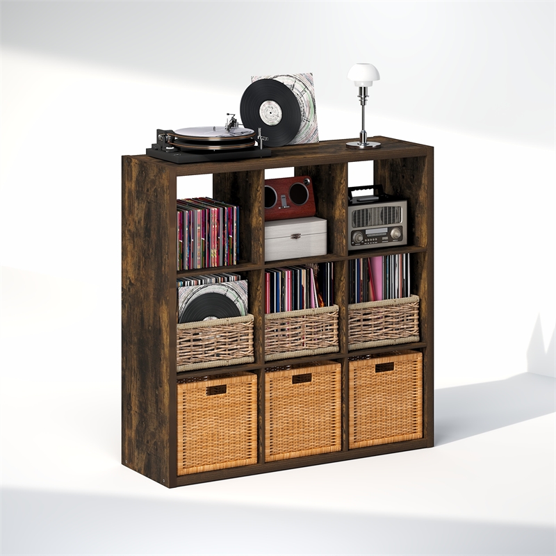 Furinno CUBICLE Vintage Vinyl Record Media Storage Organizer 9-Cube Amber Pine