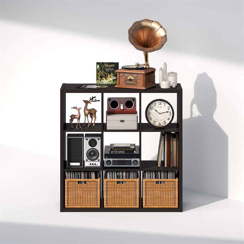 Furinno CUBICLE Vintage Vinyl Record Media Storage Organizer 9-Cube Dark Oak