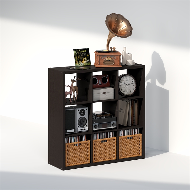Furinno CUBICLE Vintage Vinyl Record Media Storage Organizer 9-Cube Dark Oak