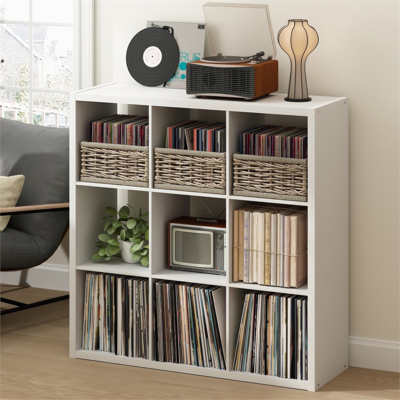 Furinno CUBICLE Vintage Vinyl Record Media Storage Organizer 9-Cube White