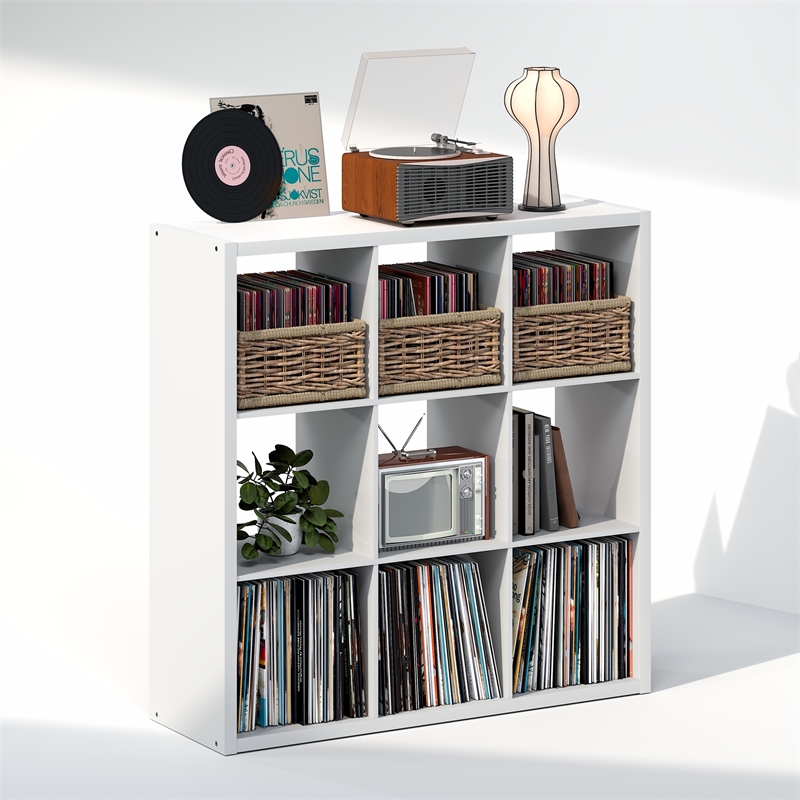 Furinno CUBICLE Vintage Vinyl Record Media Storage Organizer 9-Cube White