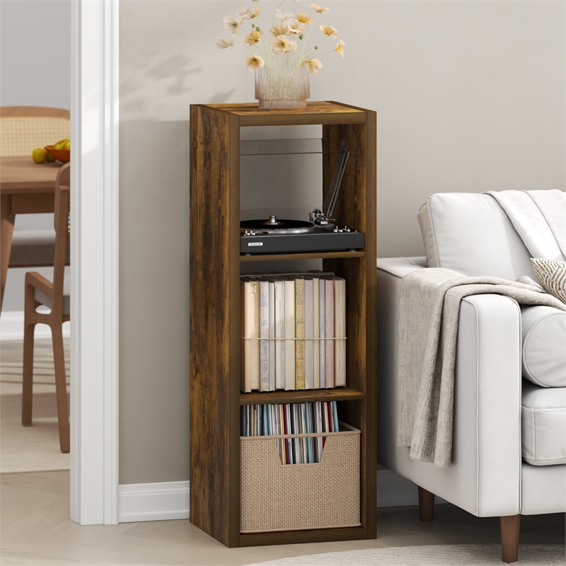 Furinno CUBICLE Vintage Vinyl Record Media Storage Organizer 3-Cube Amber Pine