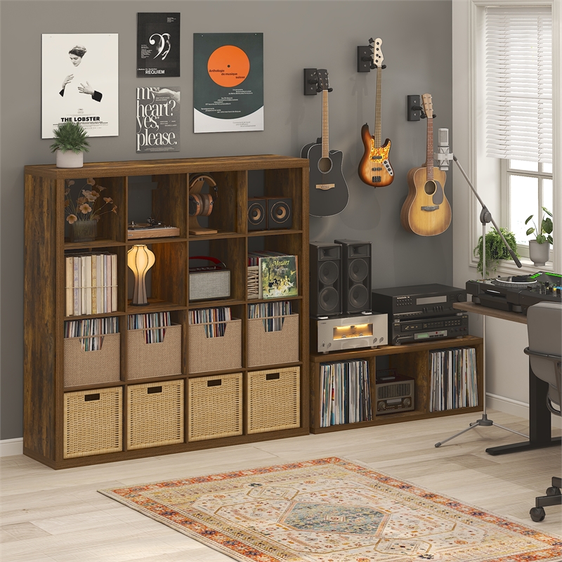 Furinno CUBICLE Vintage Vinyl Record Media Storage Organizer 3-Cube Amber Pine