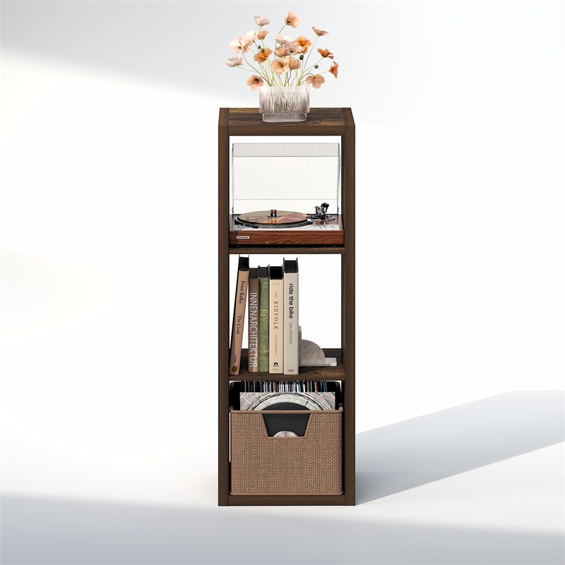Furinno CUBICLE Vintage Vinyl Record Media Storage Organizer 3-Cube Amber Pine