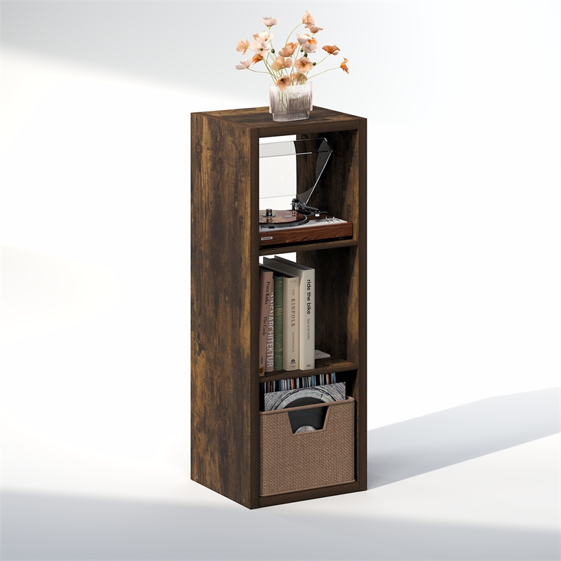 Furinno CUBICLE Vintage Vinyl Record Media Storage Organizer 3-Cube Amber Pine