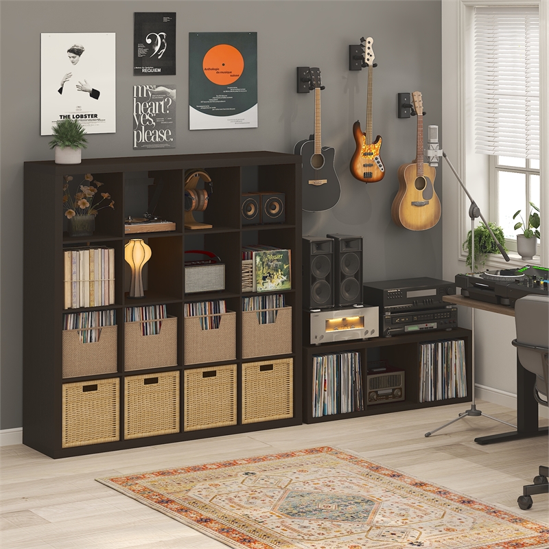 Furinno CUBICLE Vintage Vinyl Record Media Storage Organizer 3-Cube Dark Oak