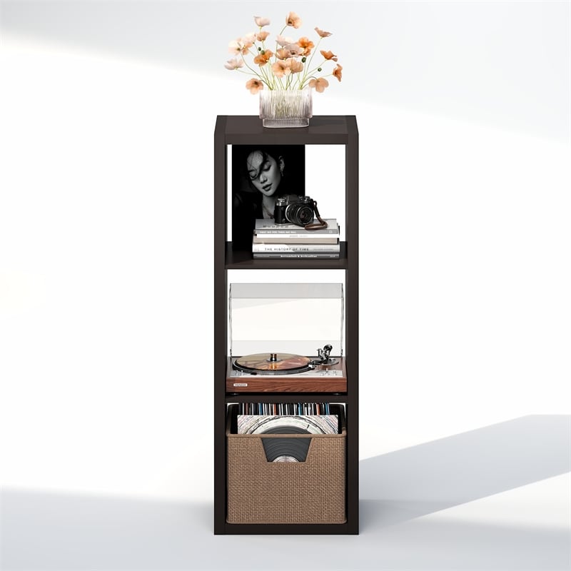 Furinno CUBICLE Vintage Vinyl Record Media Storage Organizer 3-Cube Dark Oak