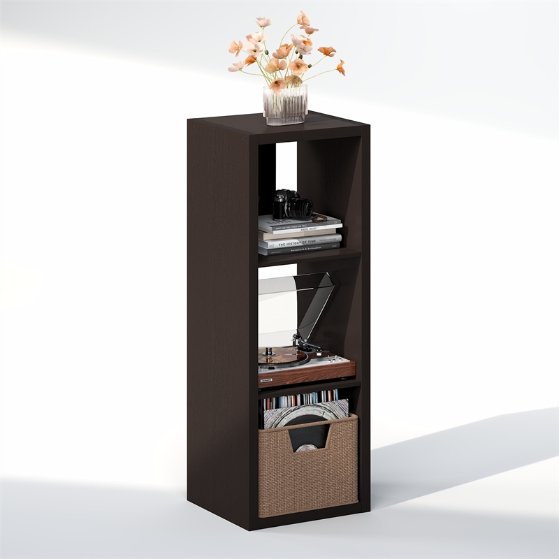 Furinno CUBICLE Vintage Vinyl Record Media Storage Organizer 3-Cube Dark Oak