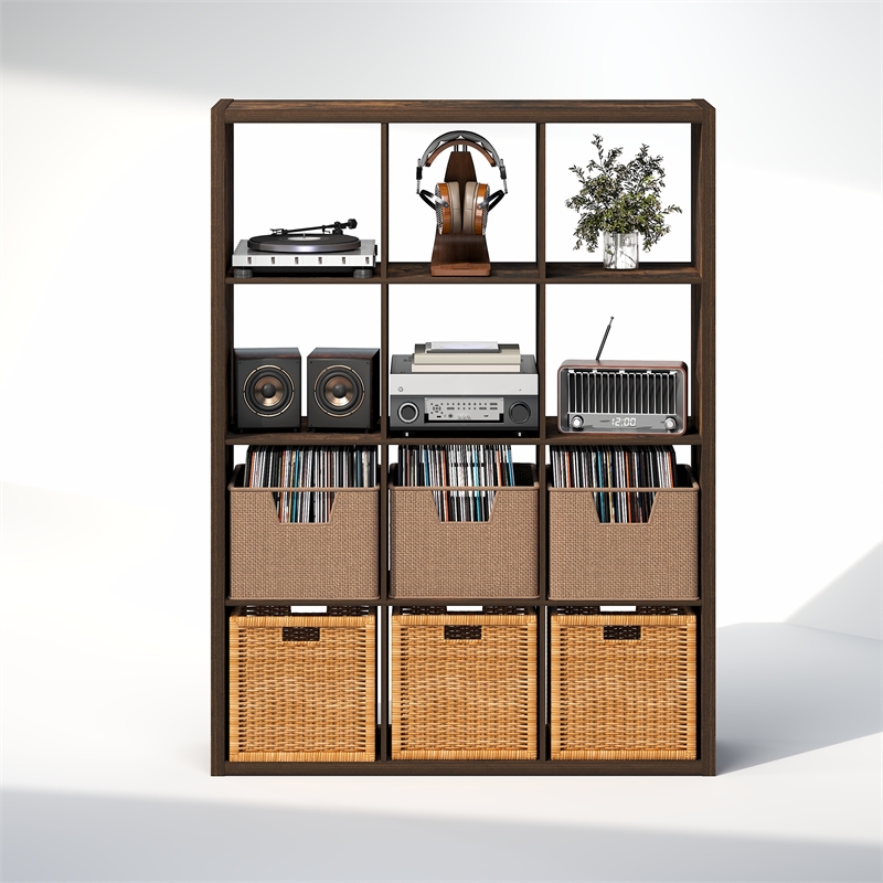 Furinno CUBICLE Vintage Vinyl Record Media Storage Organizer 12-Cube Amber Pine