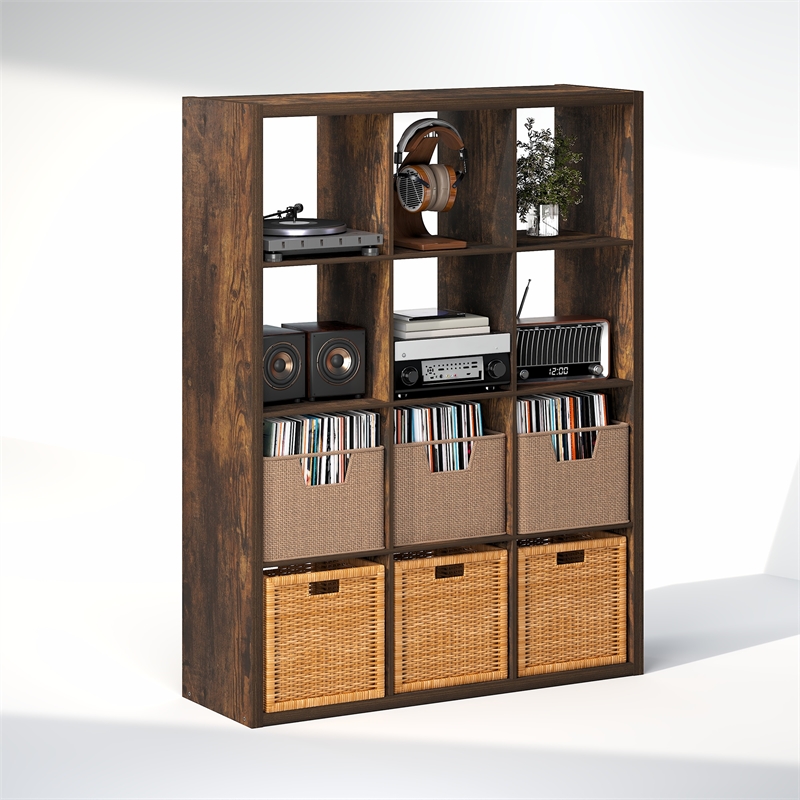 Furinno CUBICLE Vintage Vinyl Record Media Storage Organizer 12-Cube Amber Pine