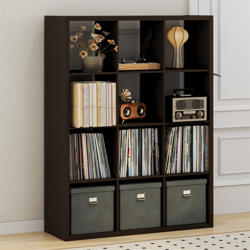 Furinno CUBICLE Vintage Vinyl Record Media Storage Organizer 12-Cube Dark Oak