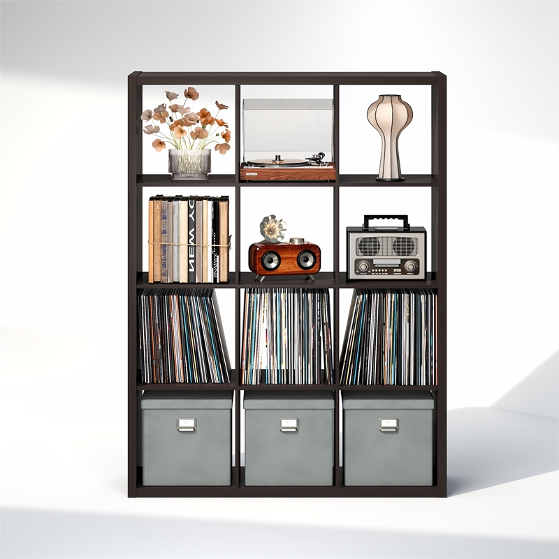 Furinno CUBICLE Vintage Vinyl Record Media Storage Organizer 12-Cube Dark Oak