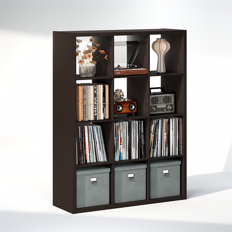 Furinno CUBICLE Vintage Vinyl Record Media Storage Organizer 12-Cube Dark Oak