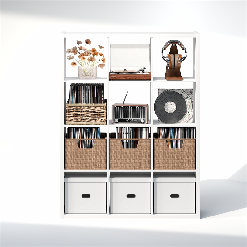 Furinno CUBICLE Vintage Vinyl Record Media Storage Organizer 12-Cube White