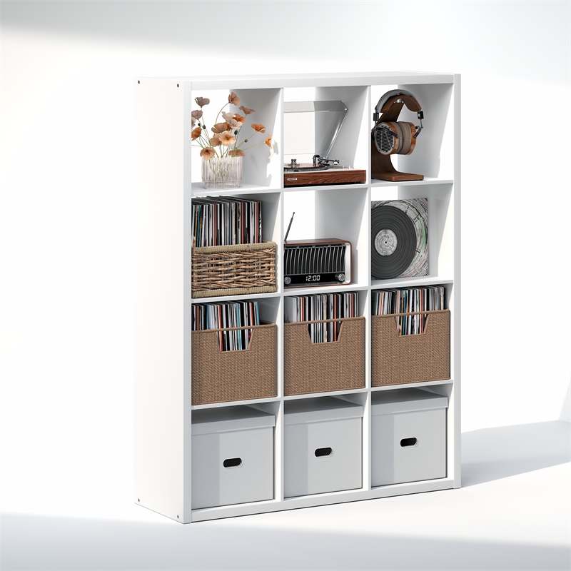 Furinno CUBICLE Vintage Vinyl Record Media Storage Organizer 12-Cube White