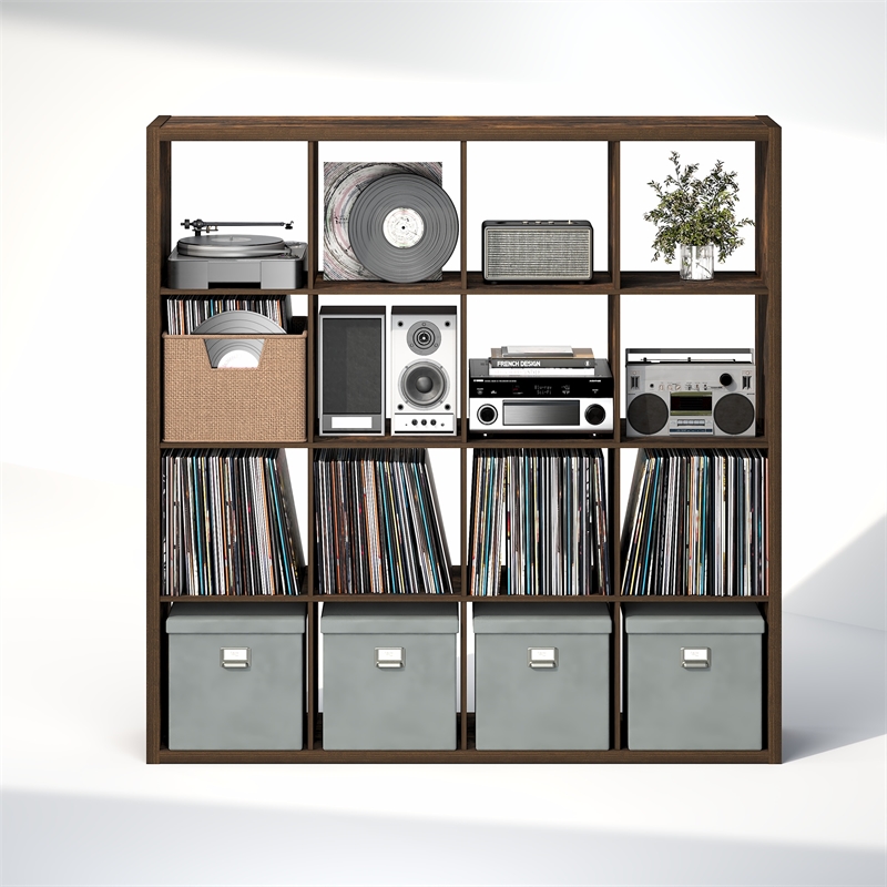 Furinno CUBICLE Vintage Vinyl Record Media Storage Organizer 16-Cube Amber Pine