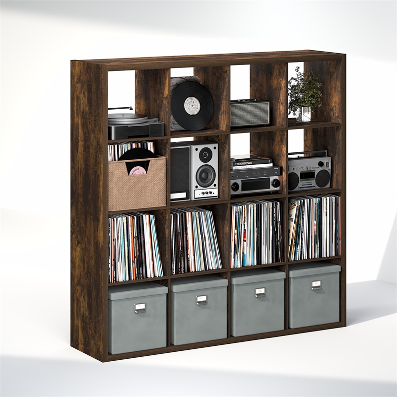 Furinno CUBICLE Vintage Vinyl Record Media Storage Organizer 16-Cube Amber Pine