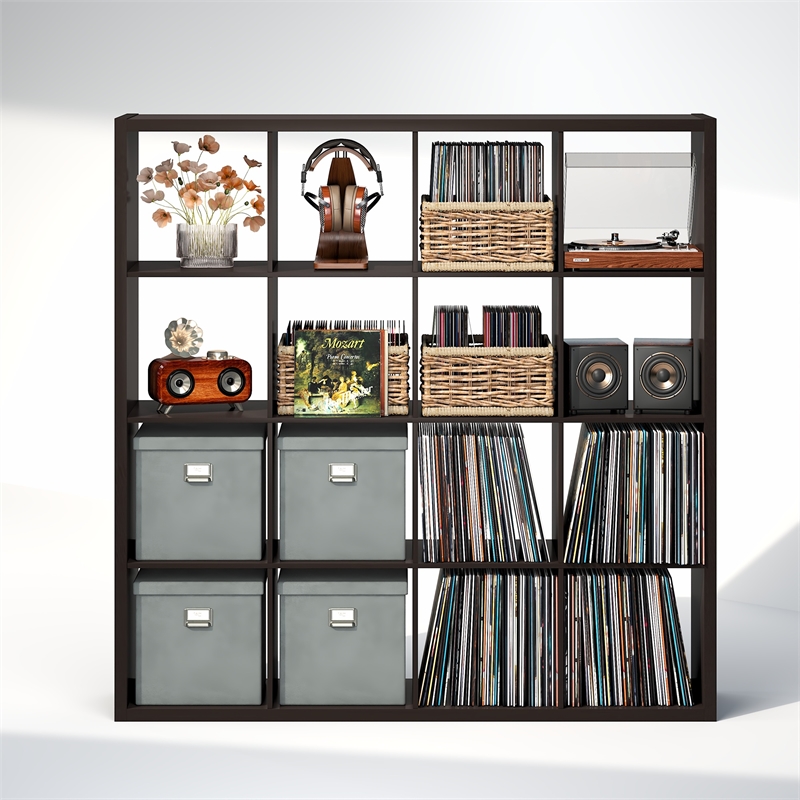 Furinno CUBICLE Vintage Vinyl Record Media Storage Organizer 16-Cube Dark Oak