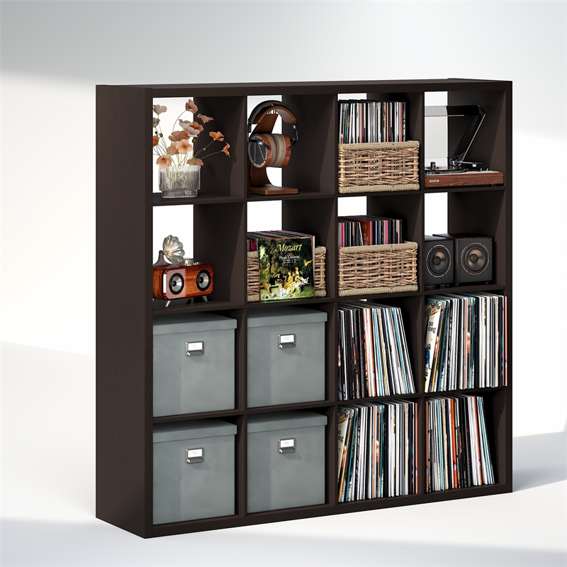 Furinno CUBICLE Vintage Vinyl Record Media Storage Organizer 16-Cube Dark Oak
