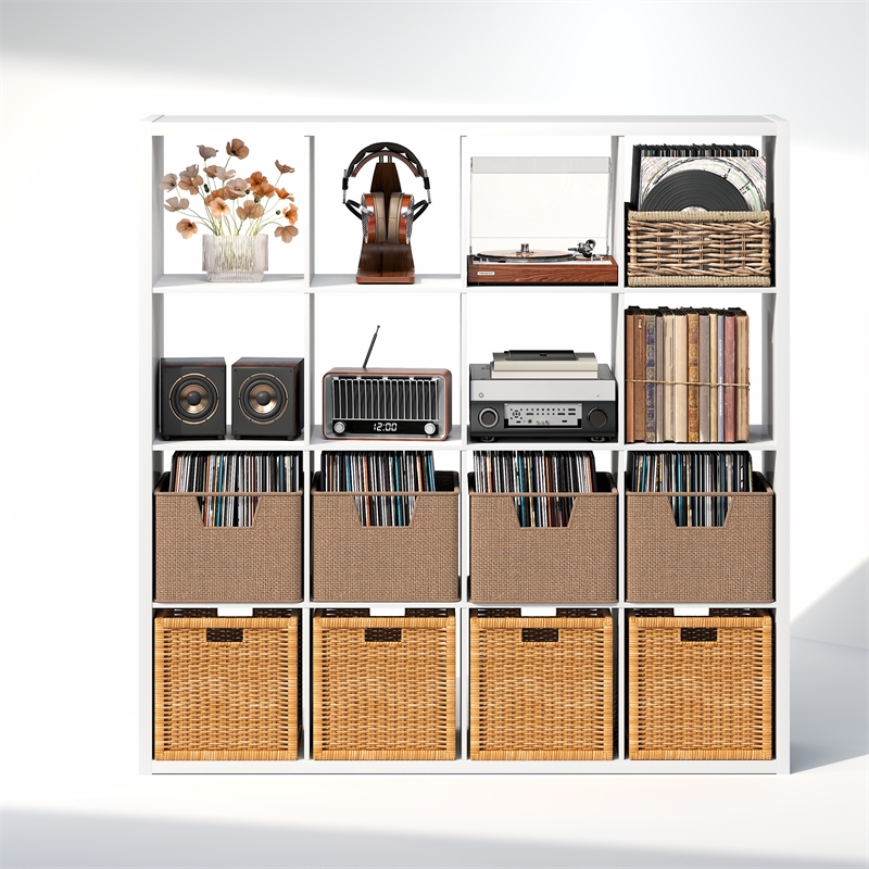 Furinno CUBICLE Vintage Vinyl Record Media Storage Organizer 16-Cube White