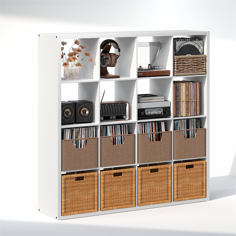 Furinno CUBICLE Vintage Vinyl Record Media Storage Organizer 16-Cube White