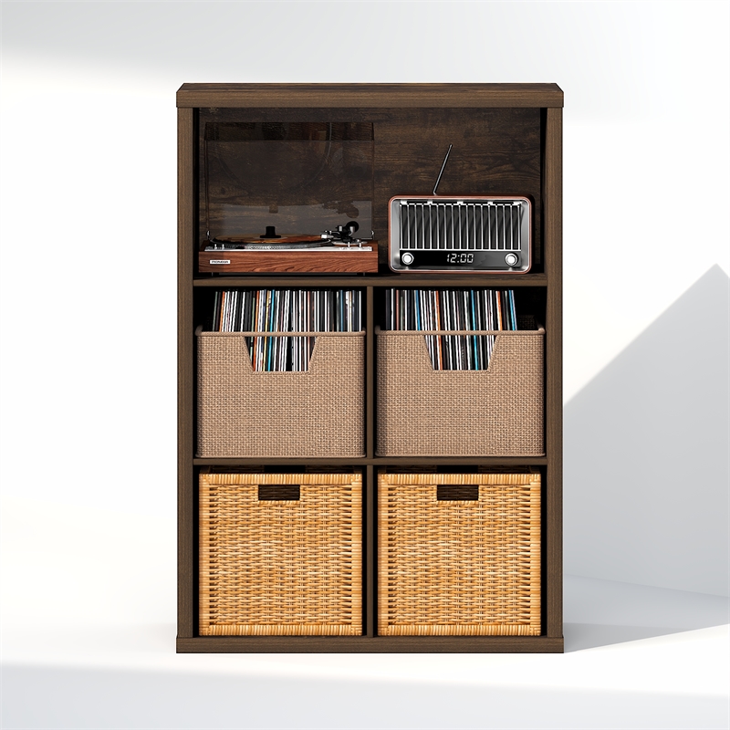 Furinno CUBICLE Vintage Vinyl Record Media Storage Organizer 5-Cube Amber Pine
