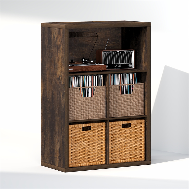 Furinno CUBICLE Vintage Vinyl Record Media Storage Organizer 5-Cube Amber Pine