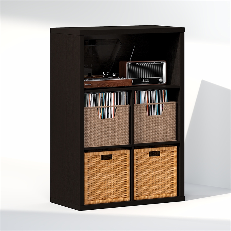 Furinno CUBICLE Vintage Vinyl Record Media Storage Organizer 5-Cube Dark Oak