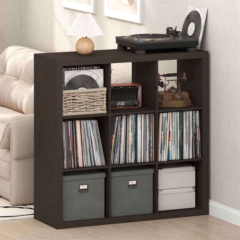 Furinno CUBICLE Extra Thick Frame Record Media Storage Organizer 9-Cube Dark Oak