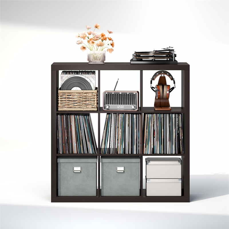 Furinno CUBICLE Extra Thick Frame Record Media Storage Organizer 9-Cube Dark Oak