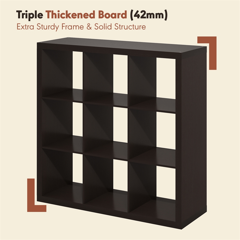 Furinno CUBICLE Extra Thick Frame Record Media Storage Organizer 9-Cube Dark Oak