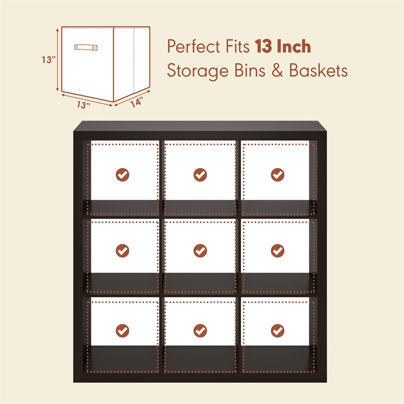 Furinno CUBICLE Extra Thick Frame Record Media Storage Organizer 9-Cube Dark Oak