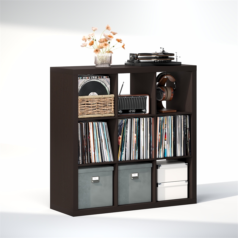 Furinno CUBICLE Extra Thick Frame Record Media Storage Organizer 9-Cube Dark Oak