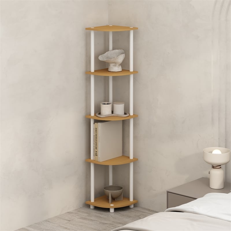Furinno TURN-N-TUBE 5-Tier Corner Display Rack Shelving Unit Light Beech