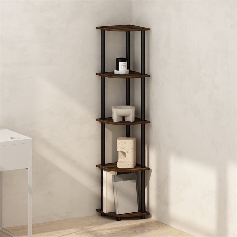 Furinno TURN-N-TUBE 5-Tier Corner Display Rack Shelving Unit Brown Walnut
