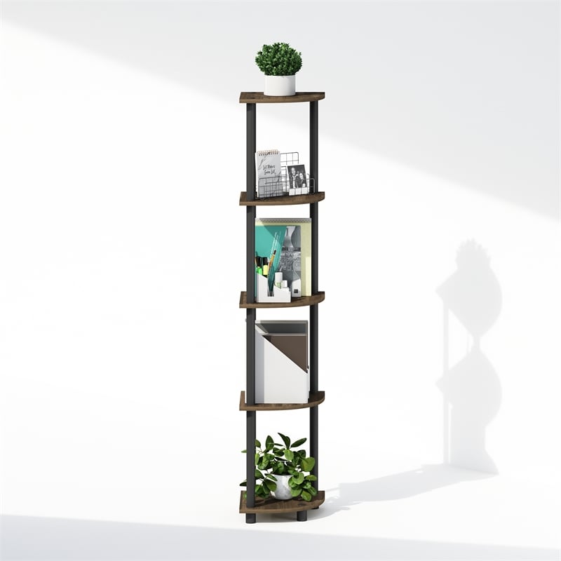 Furinno TURN-N-TUBE 5-Tier Corner Display Rack Shelving Unit Brown Walnut