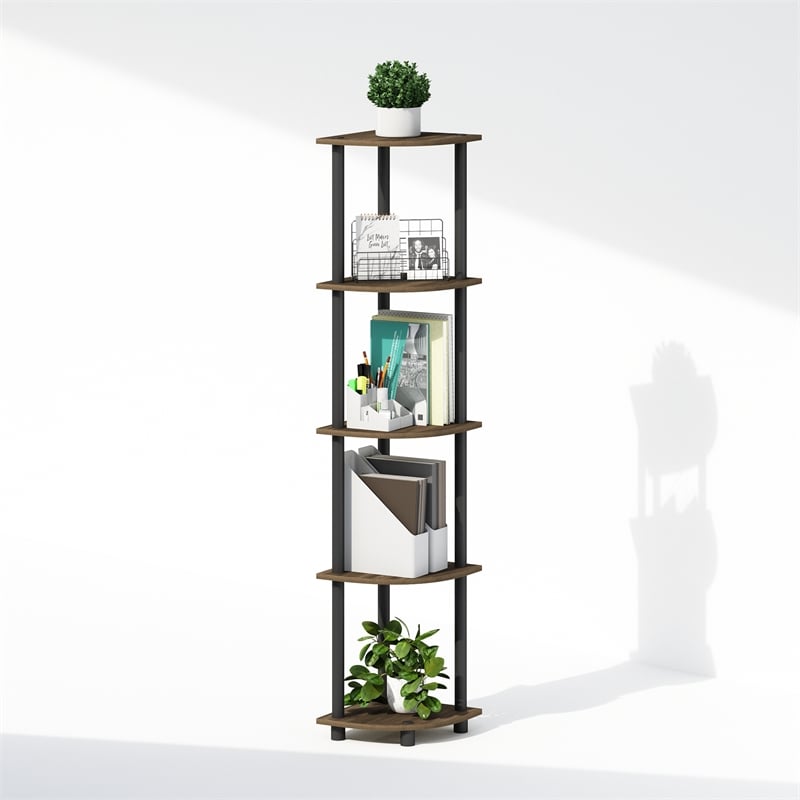 Furinno TURN-N-TUBE 5-Tier Corner Display Rack Shelving Unit Brown Walnut