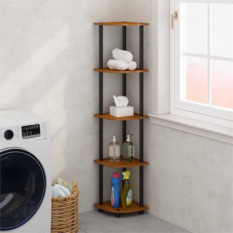 Furinno TURN-N-TUBE 5-Tier Corner Display Rack Shelving Unit Light Cherry Oak