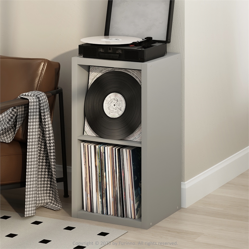 Furinno CUBICLE Vintage Vinyl Record Media Storage Organizer 2-Cube Light Grey