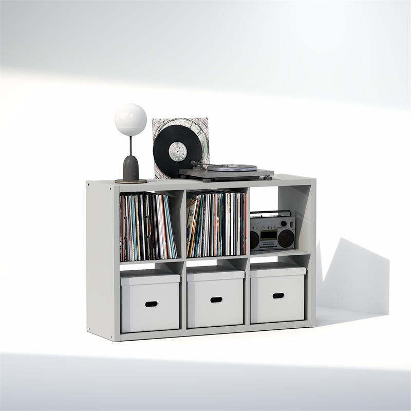 Furinno CUBICLE Vintage Vinyl Record Media Storage Organizer 6-Cube Light Grey