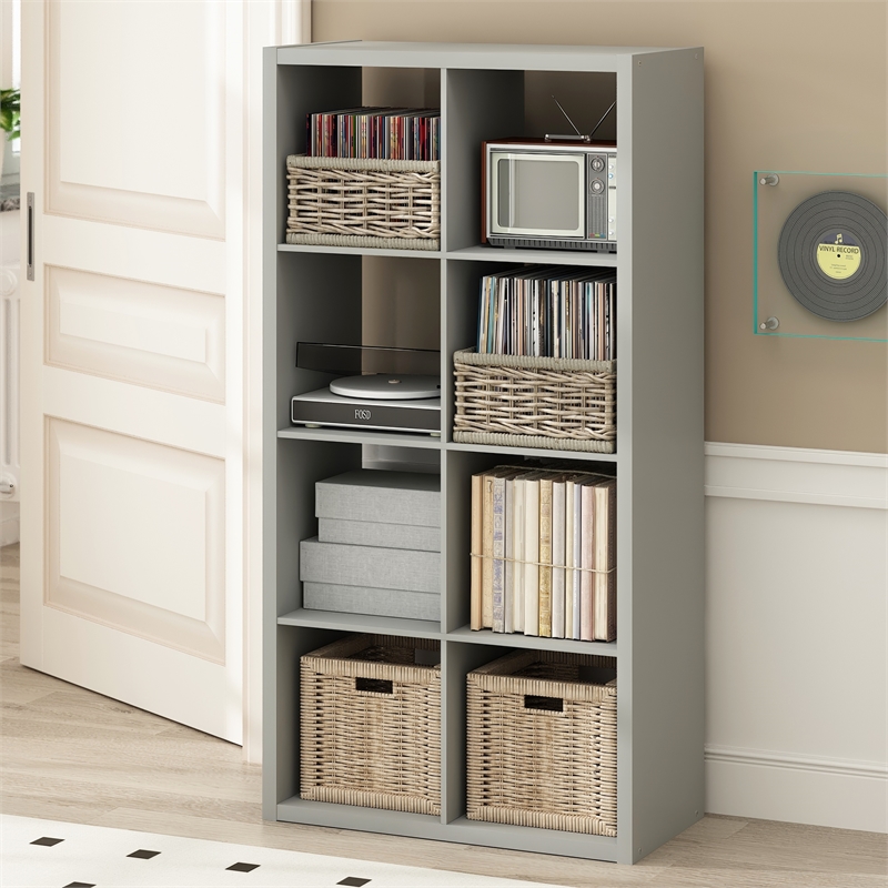 Furinno CUBICLE Vintage Vinyl Record Media Storage Organizer 8-Cube Light Grey