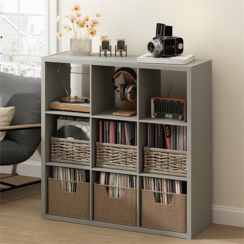Furinno CUBICLE Vintage Vinyl Record Media Storage Organizer 9-Cube Light Grey