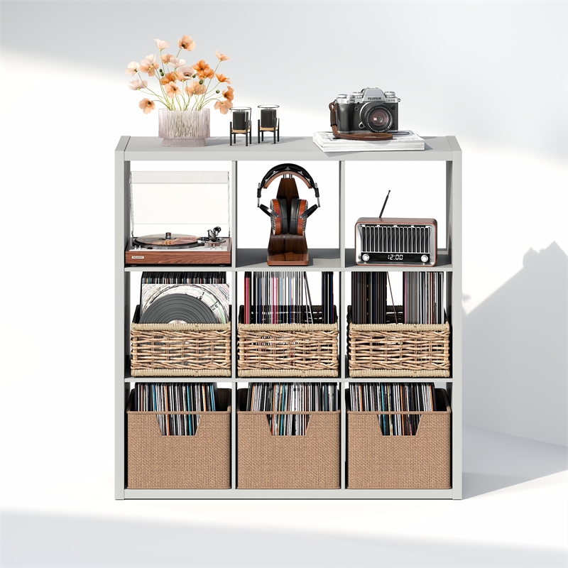 Furinno CUBICLE Vintage Vinyl Record Media Storage Organizer 9-Cube Light Grey