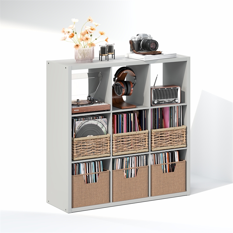Furinno CUBICLE Vintage Vinyl Record Media Storage Organizer 9-Cube Light Grey