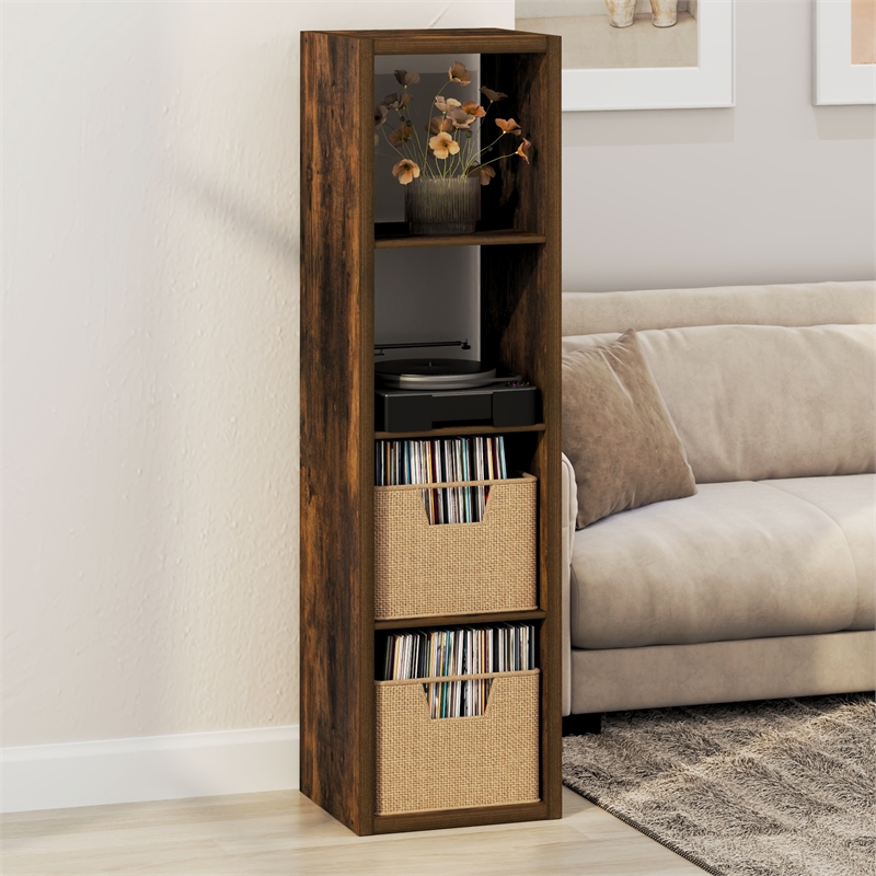 Furinno CUBICLE Vintage Vinyl Record Media Storage Organizer 4-Cube Amber Pine