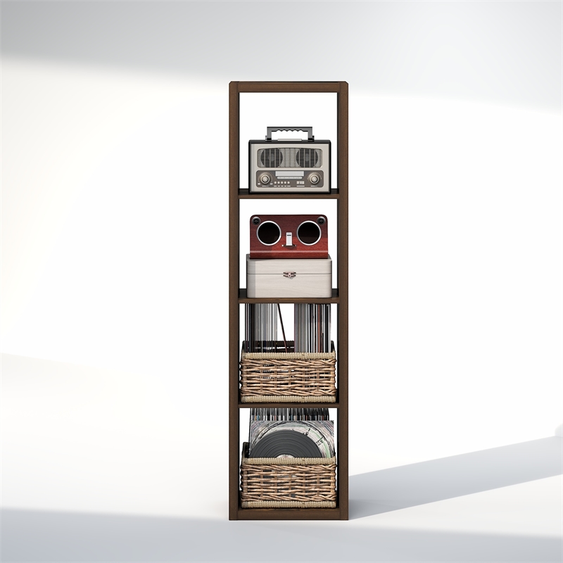 Furinno CUBICLE Vintage Vinyl Record Media Storage Organizer 4-Cube Amber Pine