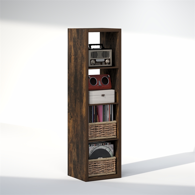 Furinno CUBICLE Vintage Vinyl Record Media Storage Organizer 4-Cube Amber Pine